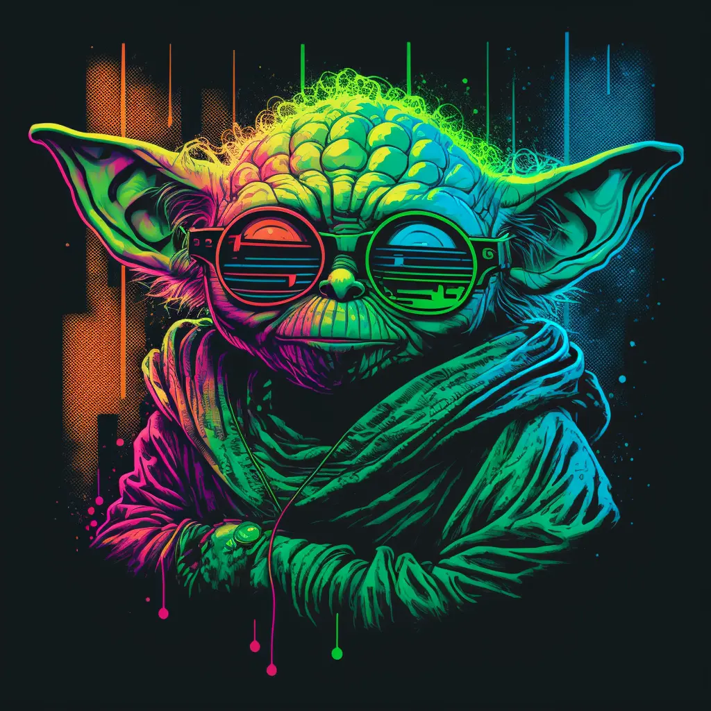 tshirt vector, screen printed, Yoda graphic, synthwave, vivid colors, detailed